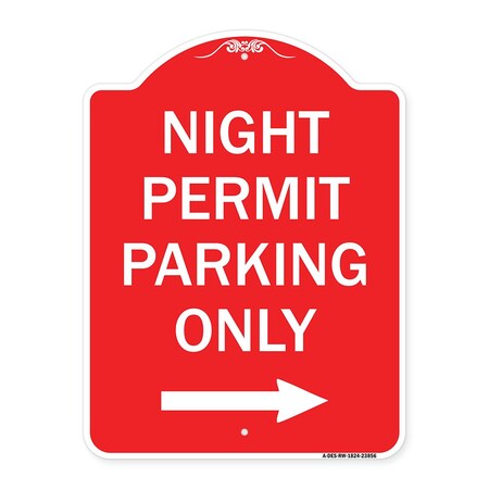Signmission Night Permit Parking W/ Right Arrow, Red & White Aluminum Sign, 18" x 24", RW-1824-23856 A-DES-RW-1824-23856
